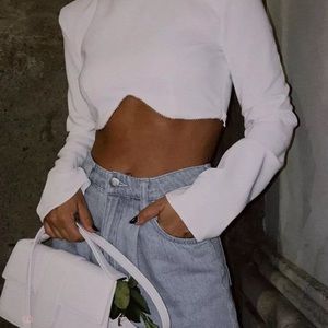 Sexy White Crop Top Long Sleeve Rhinestones